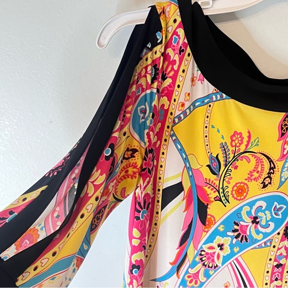 Papillon Blanc Mod Geo Design Black Trim Pink 3/4 Sleeve Sheath Dress Women's M - Picture 3 of 10